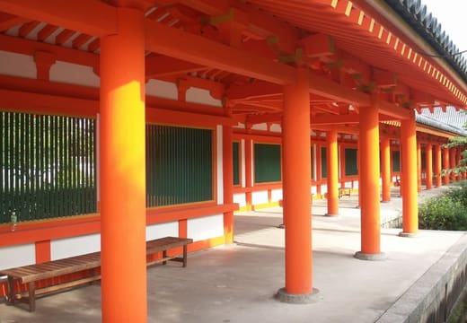 The vermilion columns of the roofed corridor around the Sanjusangen-do grounds, Kyoto