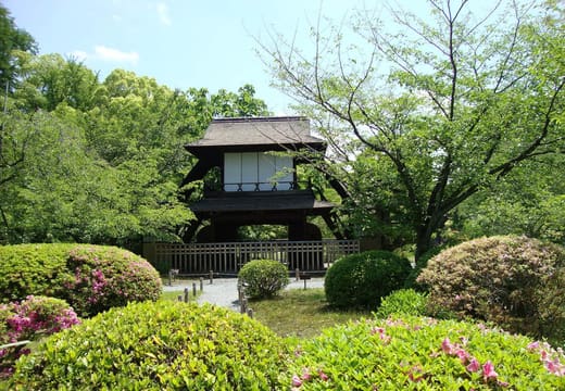 A two storey pavilion behind blooming azaleas in the Shosei-en garden, Kyoto