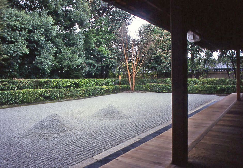 The south garden of Daisen-in at Daitoku-ji, two cones of raked white sand seen from the abbot's hall veranda