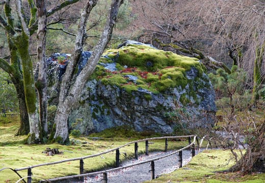 The great mossy lion rock in the Shishiku garden of Hogon-in, with a bamboo railed path in front