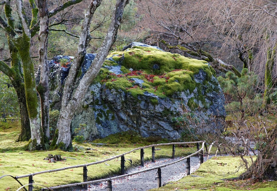 The great mossy lion rock in the Shishiku garden of Hogon-in, with a bamboo railed path in front
