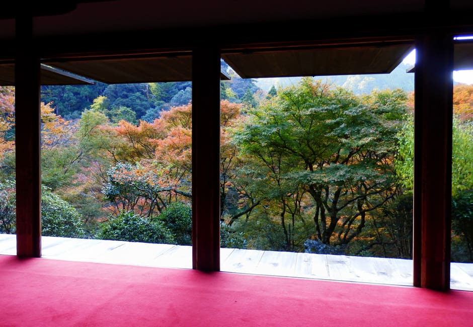 The open veranda of Sekisui-in at Kozan-ji, its pillars framing autumn maples on the hillside