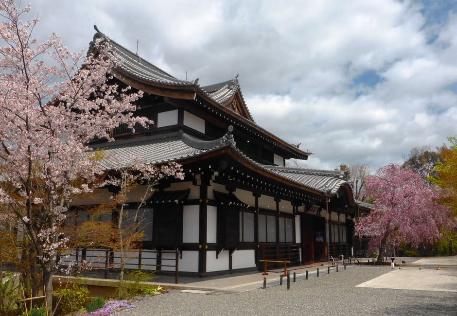 The Seiryuden hall at Shogunzuka framed by cherry trees in blossom under a cloudy spring sky